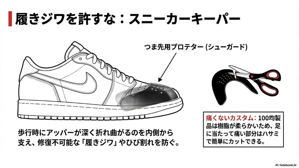 スニーカーの履きジワを防ぐシューガードの装着イメージと、痛い部分をカットする調整方法のイラスト