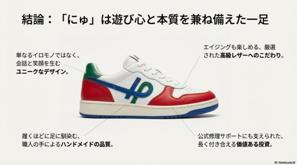 デザイン、素材、品質、サポートなど、にゅスニーカーの価値をまとめたリスト