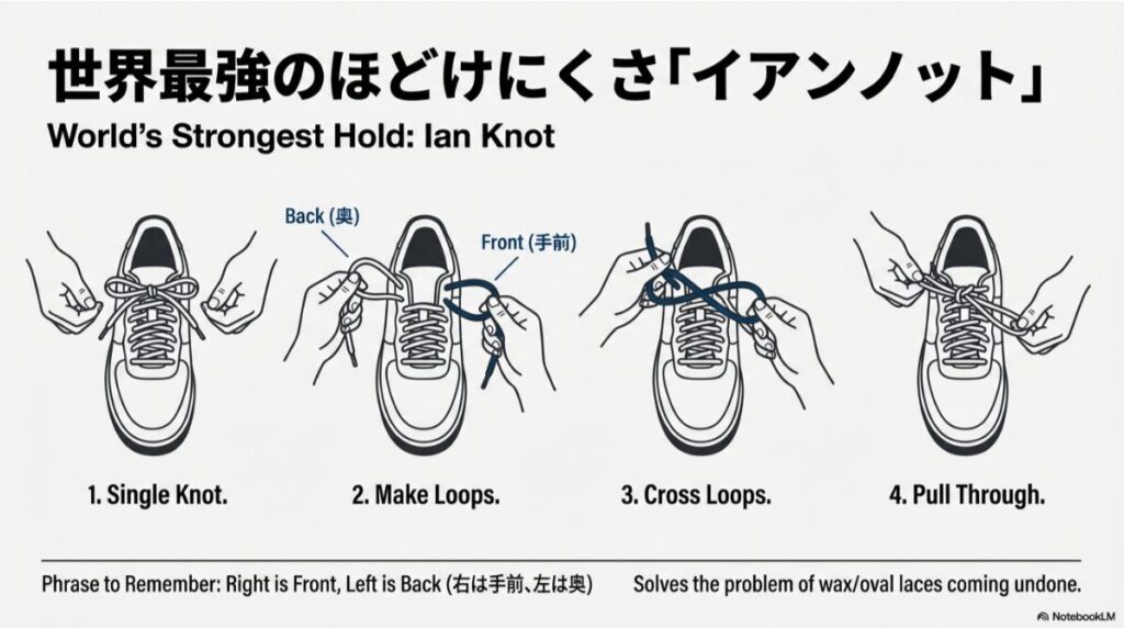 素早く結べてほどけにくいイアンノットの結び方を4つのステップで解説したイラスト図解。