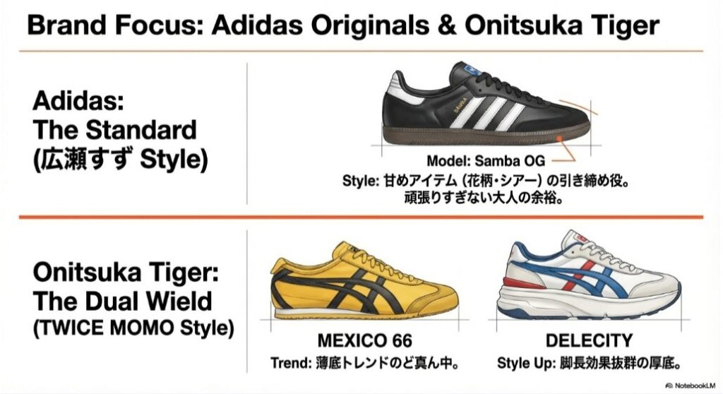 広瀬すず着用の「Adidas Samba」と、TWICEモモ着用の「Onitsuka Tiger MEXICO 66 & DELECITY」の特徴とスタイリングポイントをまとめた図解。