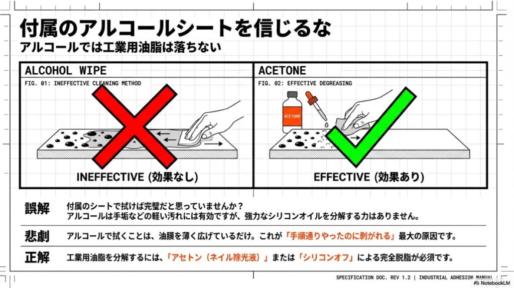 付属のアルコールシートでは効果がなく、アセトンで工業用油脂が落ちることを示す比較図