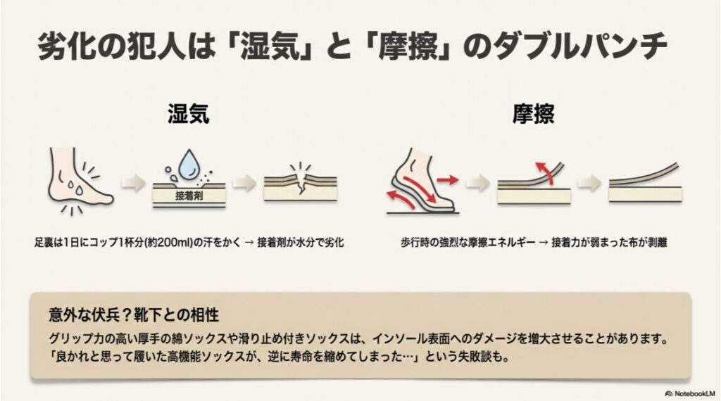 足の汗による接着剤の劣化と、歩行時の摩擦によって中敷きが剥がれる仕組みの図解