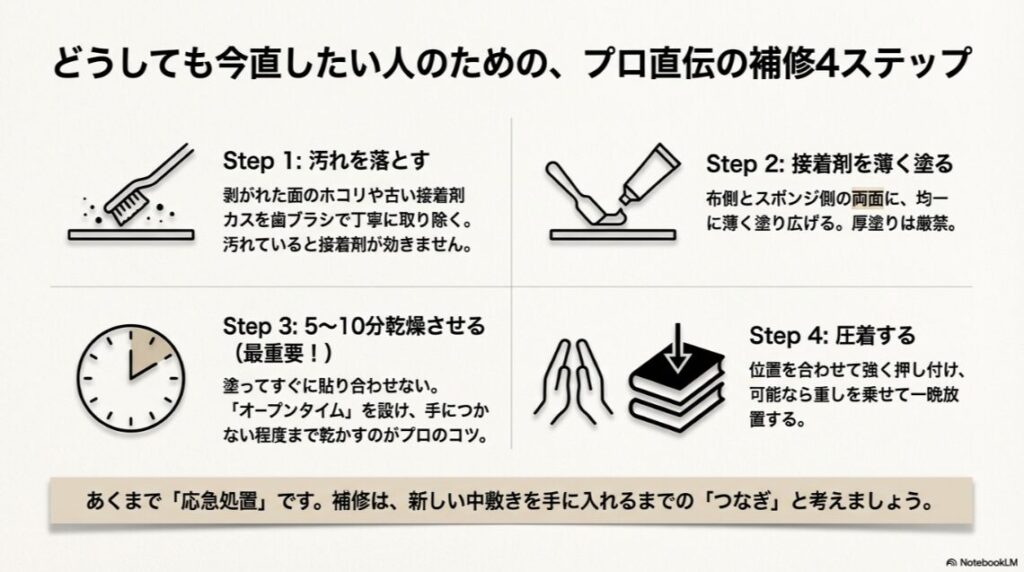 汚れを落とし、接着剤を薄く塗り、乾燥させてから圧着する4つの補修ステップ