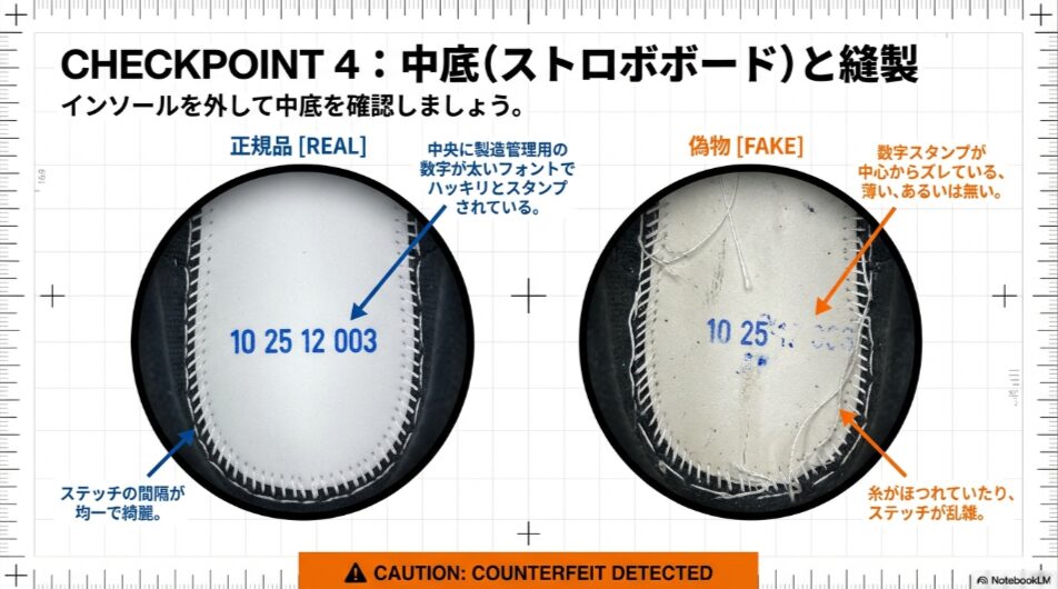 インソールを外した中底（ストロボボード）の画像。正規品は数字スタンプが太く中央にありステッチが均一だが、偽物はスタンプがズレていたりステッチが乱雑だったりする比較。