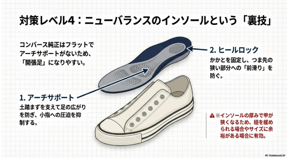 コンバースにニューバランスのカップインソールを入れることで、土踏まずのアーチが支えられ、小指への圧迫や前滑りが抑制される仕組みの図解