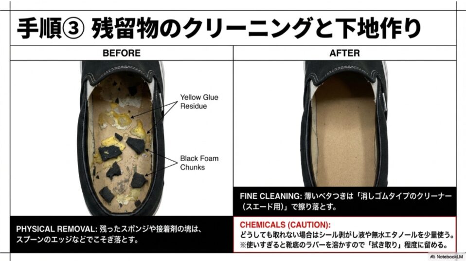 インソールを剥がした後に残る黄色い接着剤やスポンジ片の除去方法（消しゴムクリーナーや物理的除去）をまとめた表。