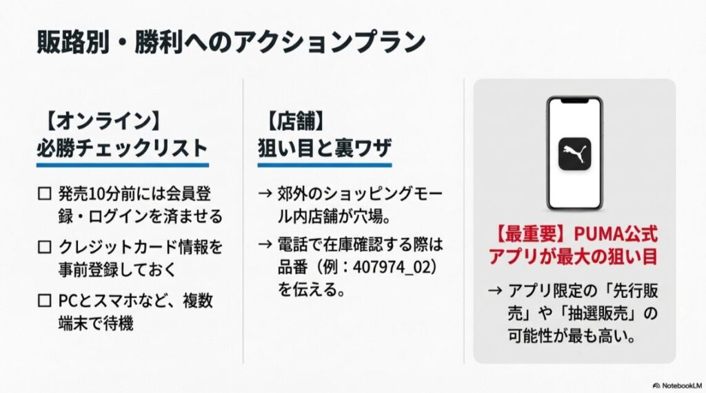 発売開始10分前のログインや店舗在庫の確認方法、PUMA公式アプリの先行販売など具体的な攻略リスト。