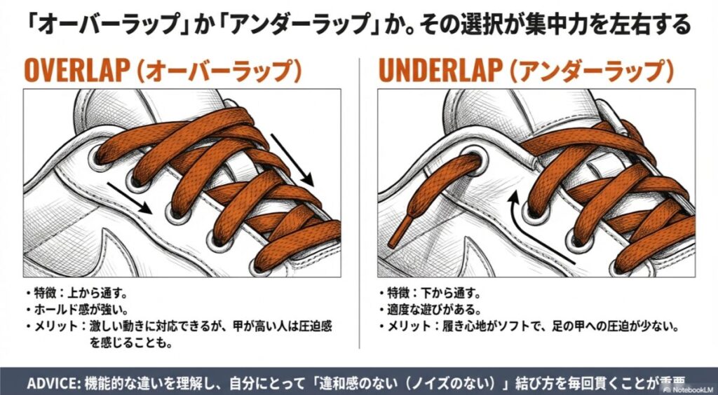 靴紐の上から通すオーバーラップと下から通すアンダーラップのイラスト解説。それぞれの特徴とメリットの比較。
