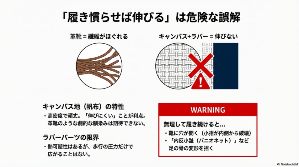 キャンバス生地の繊維拡大図。「履き慣らせば伸びる」という誤解に対し、キャンバスやラバーは伸びにくい素材であることを示す注意喚起の図