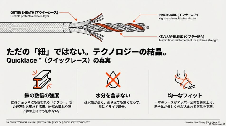 鉄の数倍の強度を持つケブラー素材を使用したインナーコアと、耐久性の高いアウターシースの構造図解