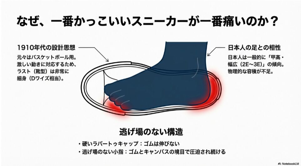 コンバースの細い靴型（ラスト）に対し、日本人の幅広の足が入りきらず、ラバートゥキャップとキャンバスの境目で小指が圧迫されている構造図解