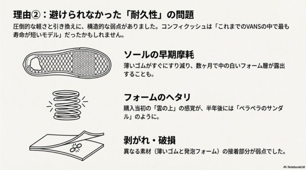 コンフィクッシュのソール摩耗、フォームのヘタリ、剥がれやすさをイラストで解説した図