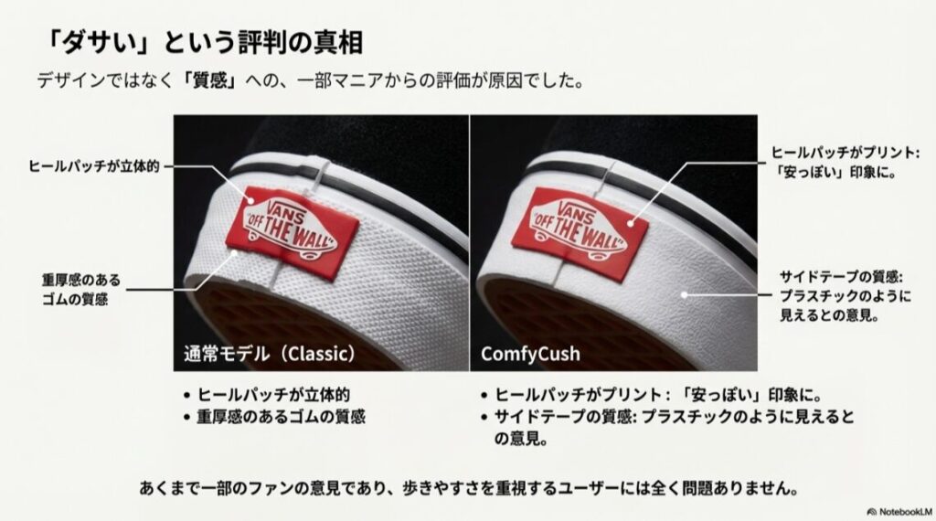 コンフィクッシュと通常モデルのヒールパッチやゴムの質感の違いを比較した画像