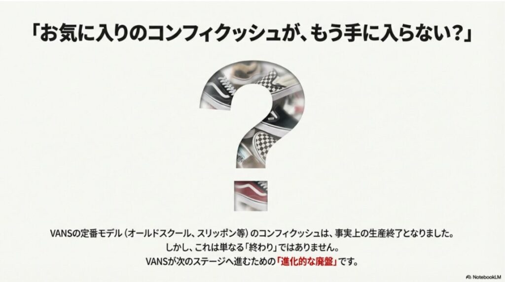 クエスチョンマークの中にVANSのスニーカーが敷き詰められているイメージ画像