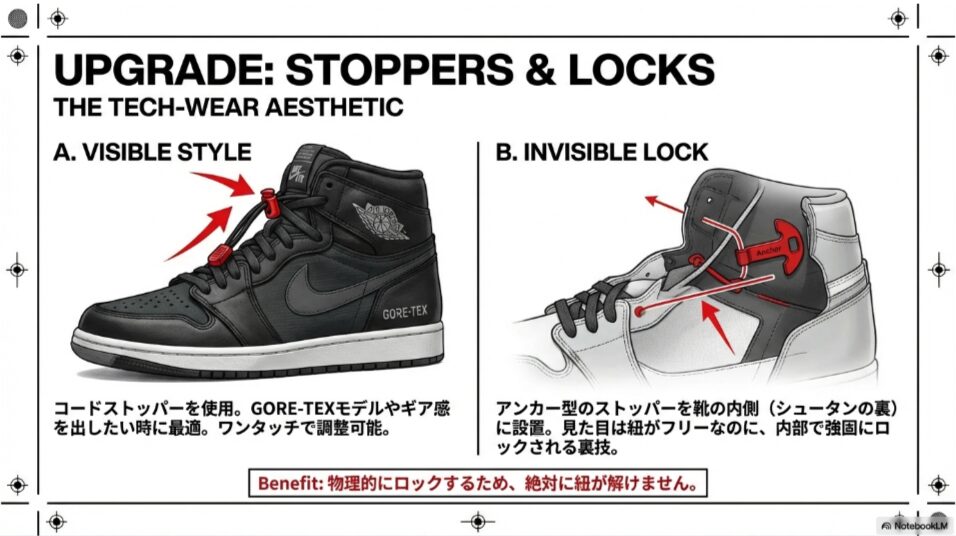 シューレースストッパーを使ったテック系スタイルと、内側でロックする隠し技の図解