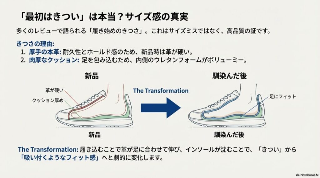 新品時の革の硬さと、馴染んだ後のフィット感の変化を表した靴の断面図