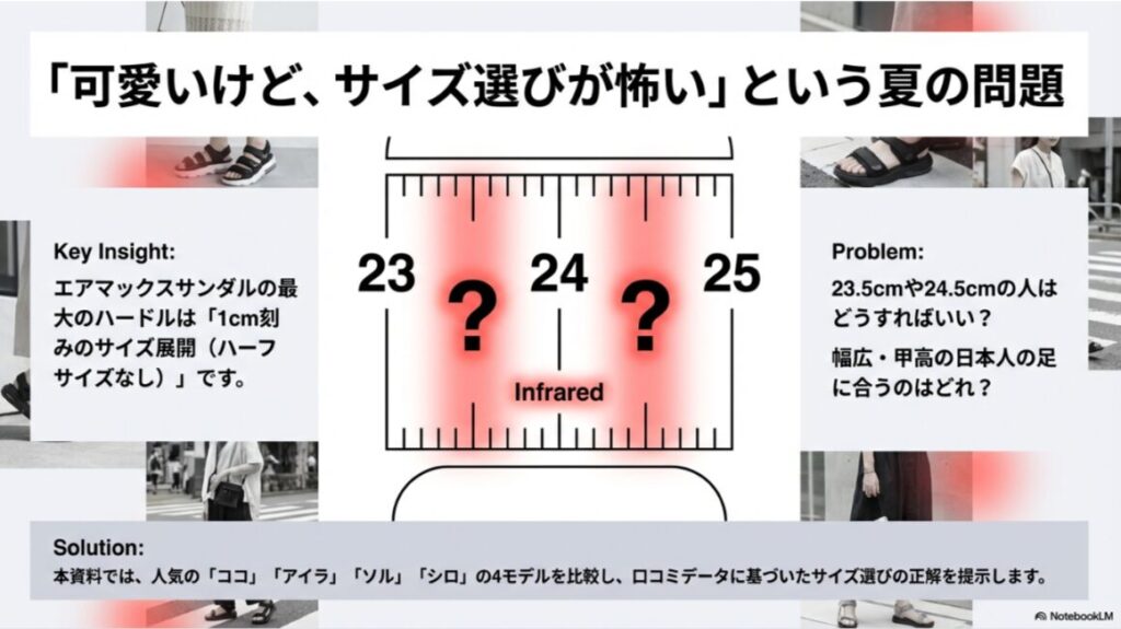 エアマックスサンダルのサイズ展開が1cm刻みでハーフサイズがないことを示す図。23.5cmや24.5cmの人がどう選ぶべきかという課題を提示している。