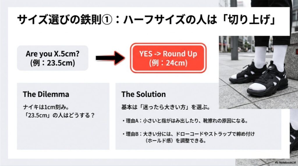23.5cmなどのハーフサイズの人は、指のはみ出しを防ぎ、調整が効くように大きい方のサイズ（24cmなど）を選ぶべきという解決策の図解。
