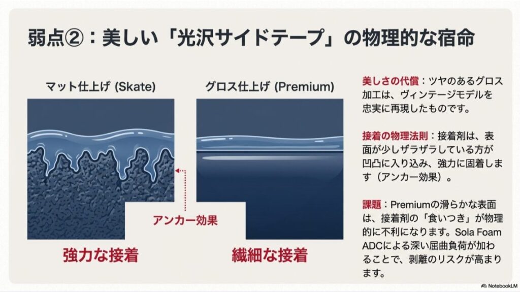 ザラザラしたマット仕上げの強力な接着（アンカー効果）に対し、Premiumのツルツルしたグロス仕上げは物理的に剥がれやすいことを示した図。