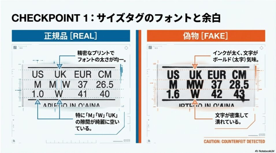 サロモンスニーカーのサイズタグ比較画像。正規品はフォントの太さが均一で余白があるが、偽物はインクが太く文字が密集・太字気味になっている様子。