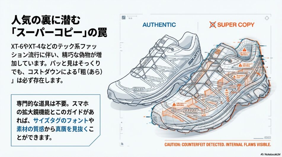 サロモンの正規品と偽物の透視図比較。偽物は素材の品質が低く、フォントの間違いや内部の欠陥があることを示すイラスト。