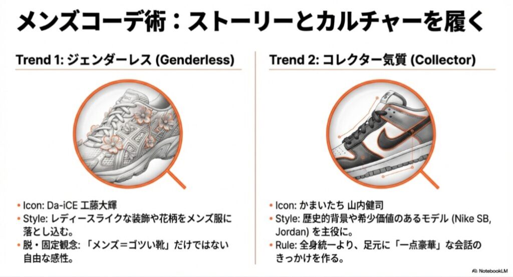 男性芸能人のスニーカーの選び方。Da-iCE工藤大輝のようなジェンダーレスな着こなしと、かまいたち山内健司のようなコレクター気質なレアモデル着用のイラスト解説。