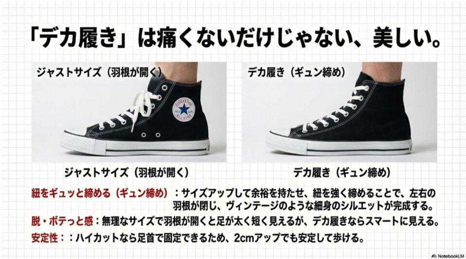 ジャストサイズで羽根が「八の字」に開いた状態と、デカ履きで紐をきつく締め羽根が閉じた美しいシルエットの比較写真