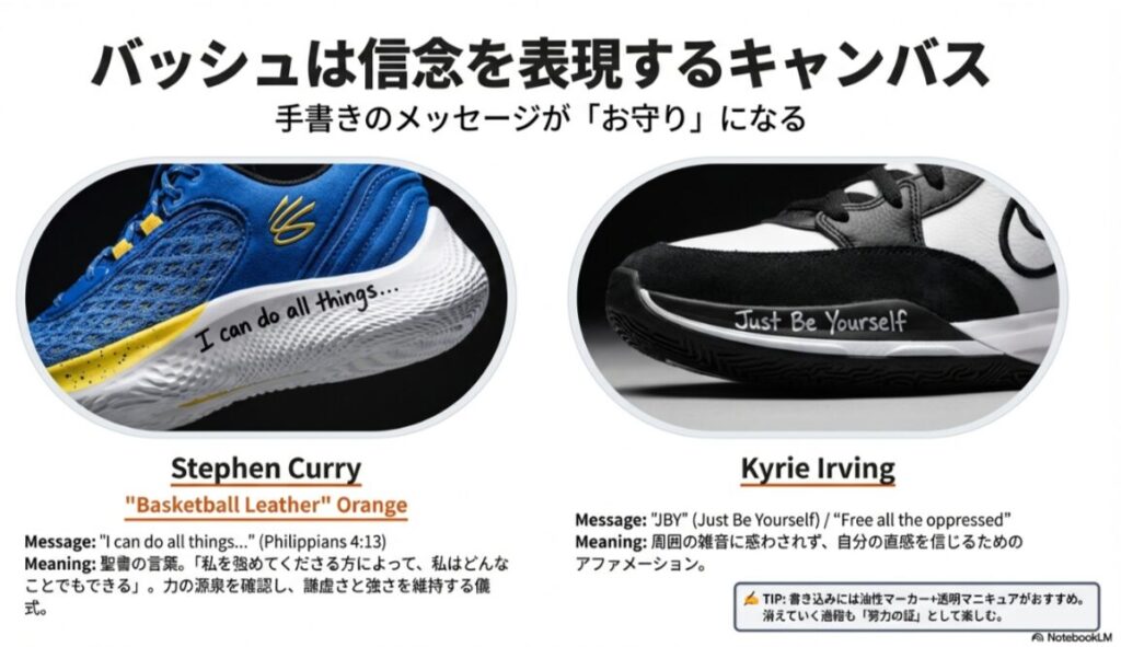 ステフィン・カリーの「I can do all things...」とカイリー・アービングの「Just Be Yourself」の書き込みが入ったバッシュの写真。