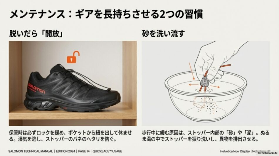 ストッパーを水の中で振って砂を落とす洗浄方法と、保管時にロックを解除するイラスト