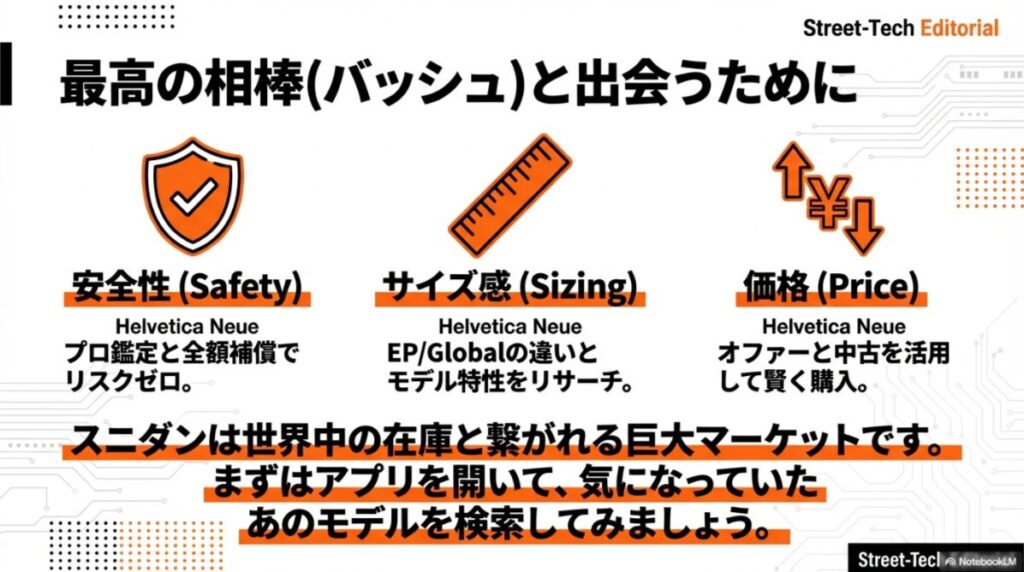 安全性、サイズ感、価格の3つのポイントを押さえ、賢くバッシュを購入するためのまとめスライド。