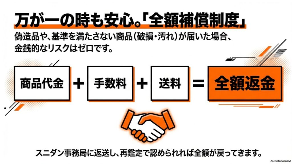 偽造品や破損品が届いた場合、商品代金・手数料・送料を含めて全額返金される仕組みの図解。