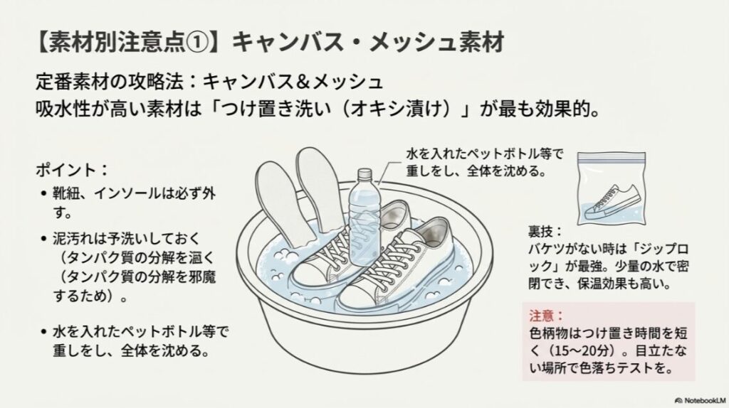 バケツにスニーカーを沈め、浮かないように水を入れたペットボトルで重しをしているイラスト。