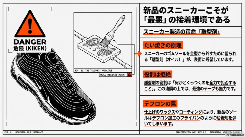 金型から外すためのオイル(離型剤)の仕組みをたい焼き機で解説したイラスト