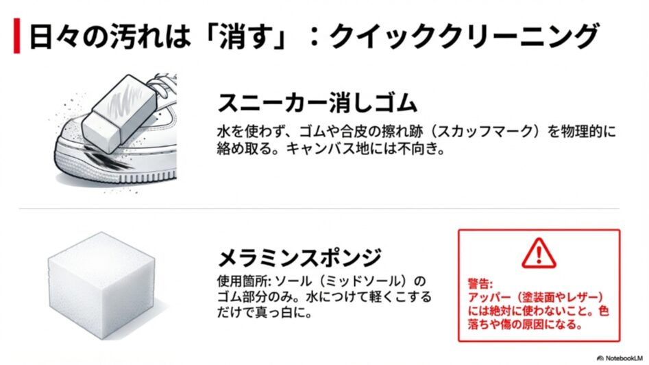 アッパーの汚れを落とす消しゴムと、ソールの汚れを落とすメラミンスポンジの正しい使用箇所と注意点