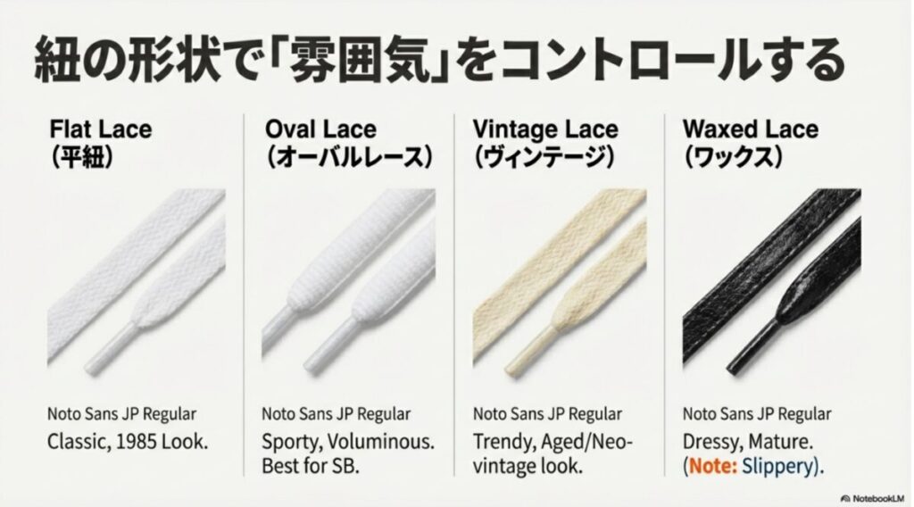 平紐（フラットレース）、オーバルレース、ヴィンテージレース、ワックスシューレースの形状と特徴を比較した画像。