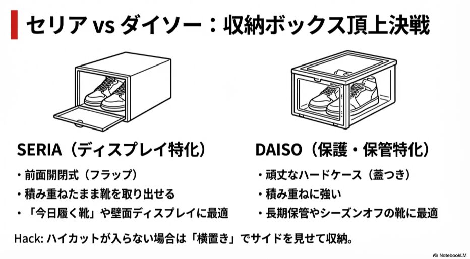 セリアの前面開閉式ボックスとダイソーのハードケースタイプの特徴およびハイカットの横置き収納テクニック