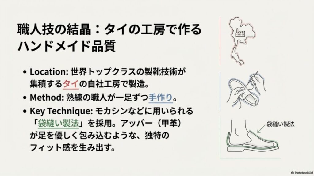 タイの自社工房の地図と職人による袋縫い製法のイラスト解説
