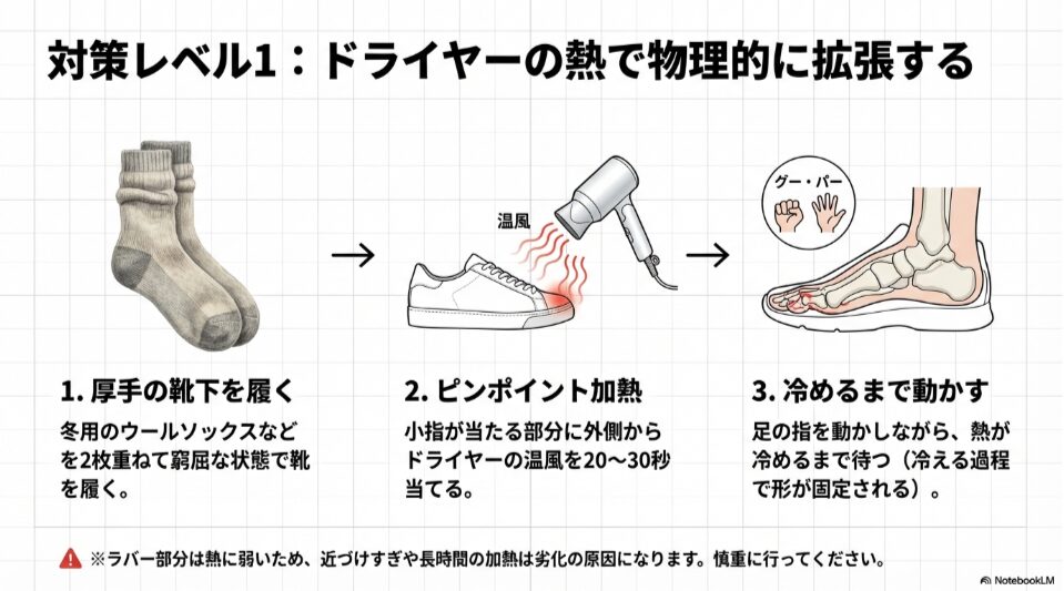 厚手の靴下を履き、ドライヤーの温風を当てて靴を物理的に拡張しているイラストと、具体的な3ステップの手順解説