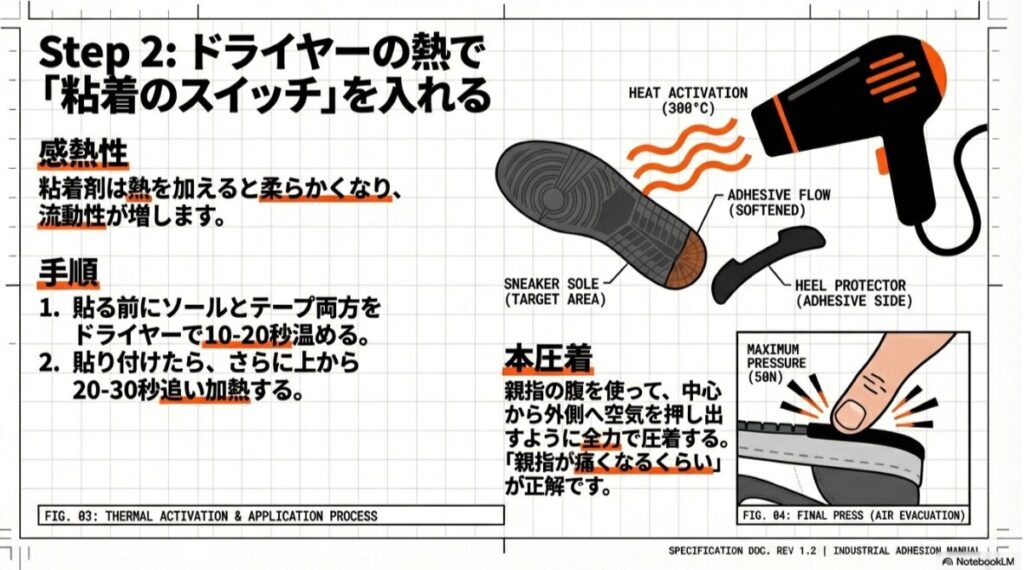 ドライヤーで温める手順と、親指で強く圧着している様子のイラスト