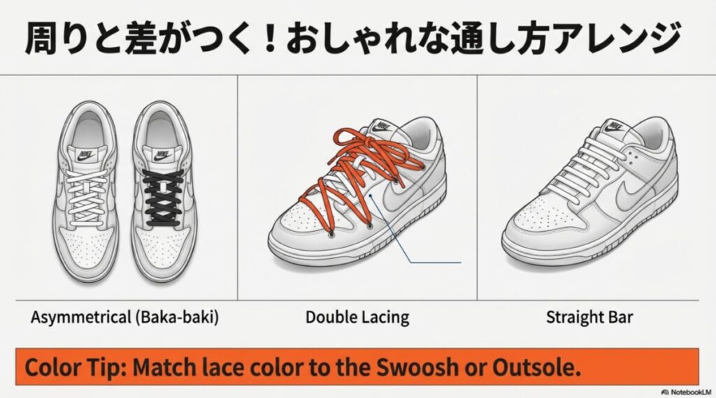 左右非対称カラー、ダブルレーシング（2本通し）、ストレートバー（一文字結び）の3種類の結び方をイラストで示した画像。