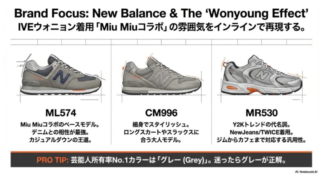 ニューバランスの人気モデル解説。IVEウォニョン着用で話題のMiu Miuコラボ風「ML574」、きれいめ「CM996」、Y2Kスタイルの「MR530」の比較イラスト。