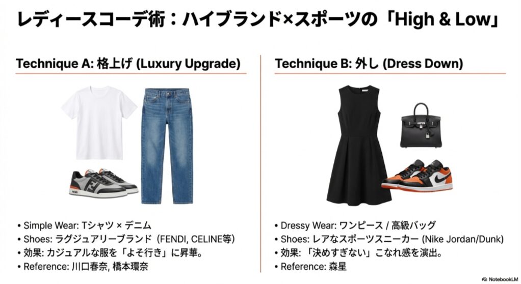 女性芸能人のコーディネート法則。「格上げ」のためのハイブランドスニーカー×Tシャツデニムと、「外し」のためのレアスポーツスニーカー×ドレススタイルの対比図。