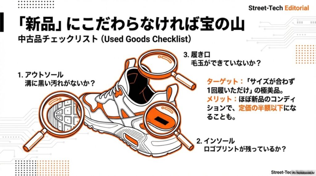 アウトソールの溝の汚れ、インソールのロゴ残り、履き口の毛玉など、状態の良い中古品を見極めるためのチェック箇所。