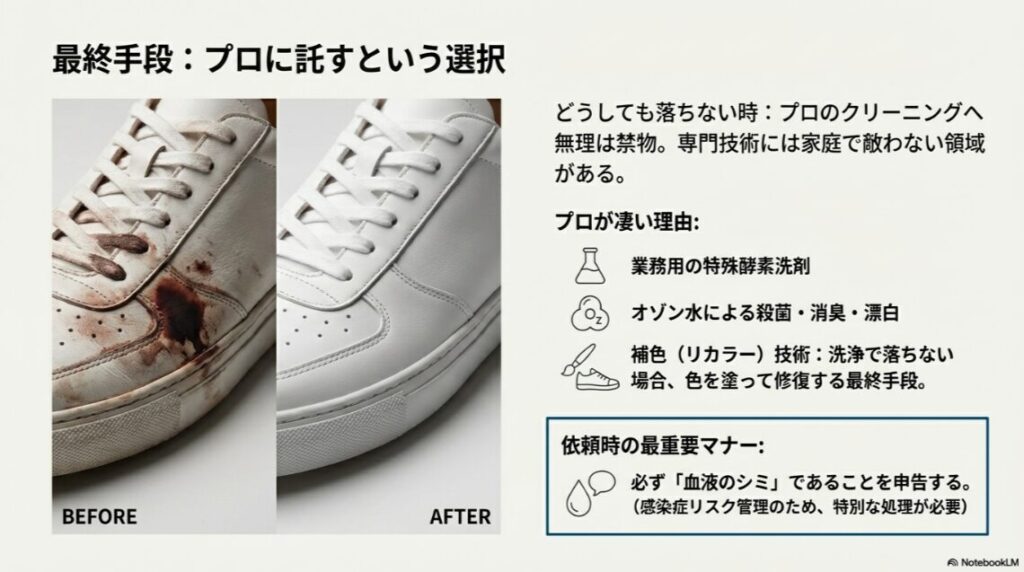 激しい血液汚れがついたスニーカーが、プロの技術(酵素洗剤やリカラー)によって新品同様に綺麗になった比較写真。