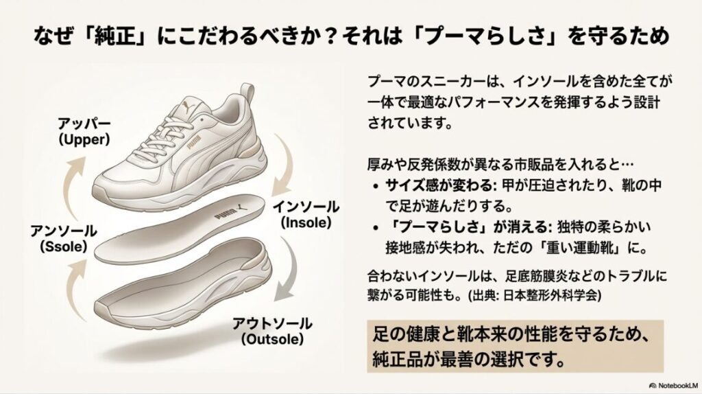 アッパー、インソール、アウトソールの3層構造と、純正品が果たす役割の図解
