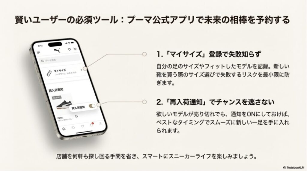 プーマ公式アプリでマイサイズ登録や再入荷通知を設定しているスマートフォンの画面