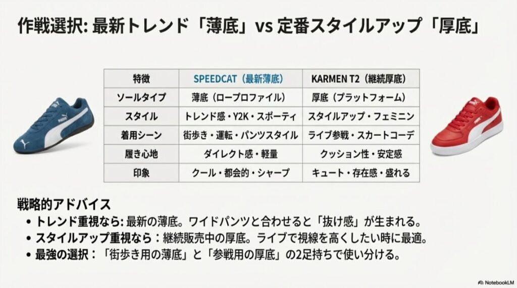 プーマのSPEEDCAT(薄底)とKARMEN T2(厚底)の着用シーンと特徴比較チャート