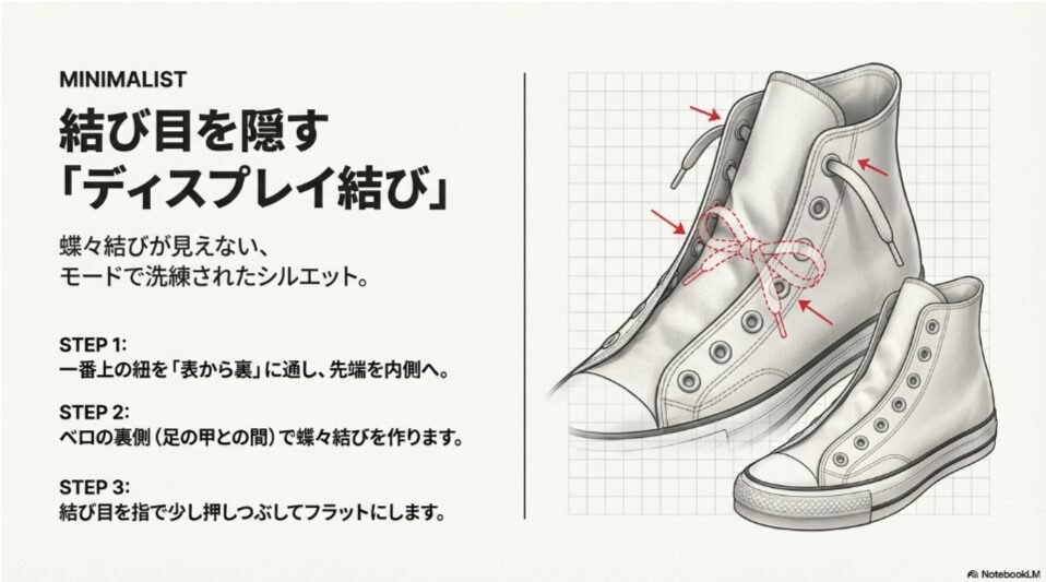 一番上の紐を表から裏に通し、ベロの裏側で結び目を作って隠す手順を示した図解。