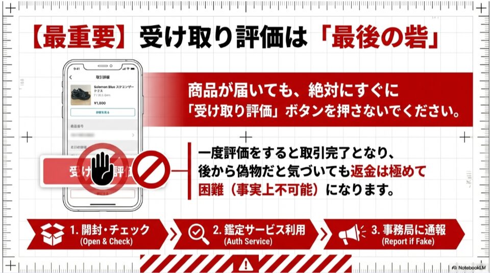 商品到着後、すぐに受け取り評価ボタンを押さず、開封チェック、鑑定サービス利用、事務局への通報を行う手順を示した図解。