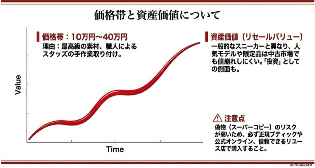 ルブタンのスニーカーの価格帯（10万〜40万円）と、時間が経過しても価値が落ちにくい資産価値のグラフ。